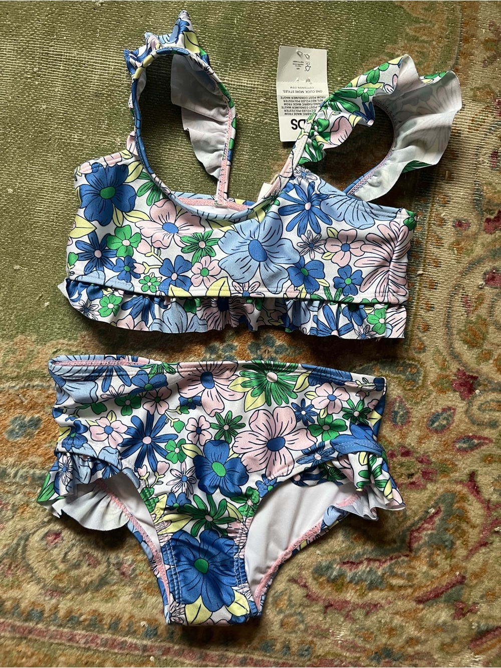 Kids Floral Ruffle Two-Piece Swimsuit - Multi Blue & Green